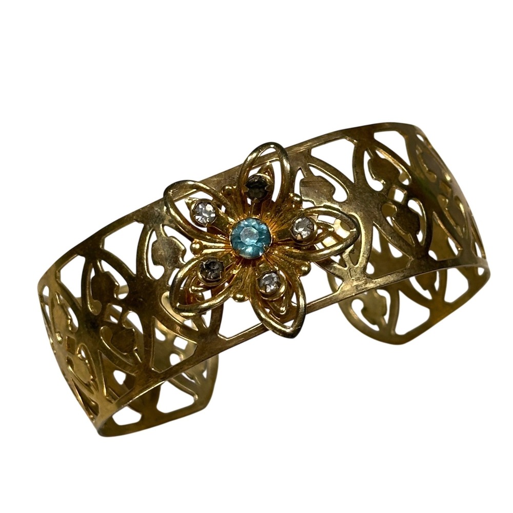 Vintage Gold Tone Filigree Flower Cuff Bracelet Blue Rhinestone Floral Openwork